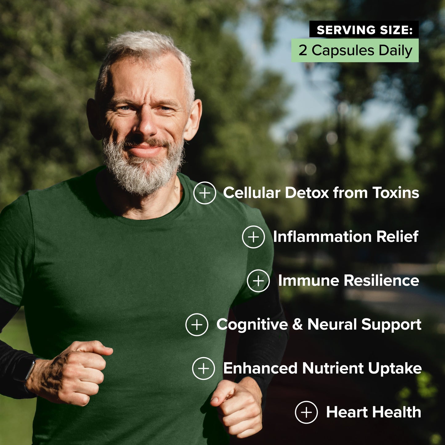 Older man jogging outdoors with overlayed benefits of Complement Sulfora: cellular detox, inflammation relief, immune resilience, heart health, and more.