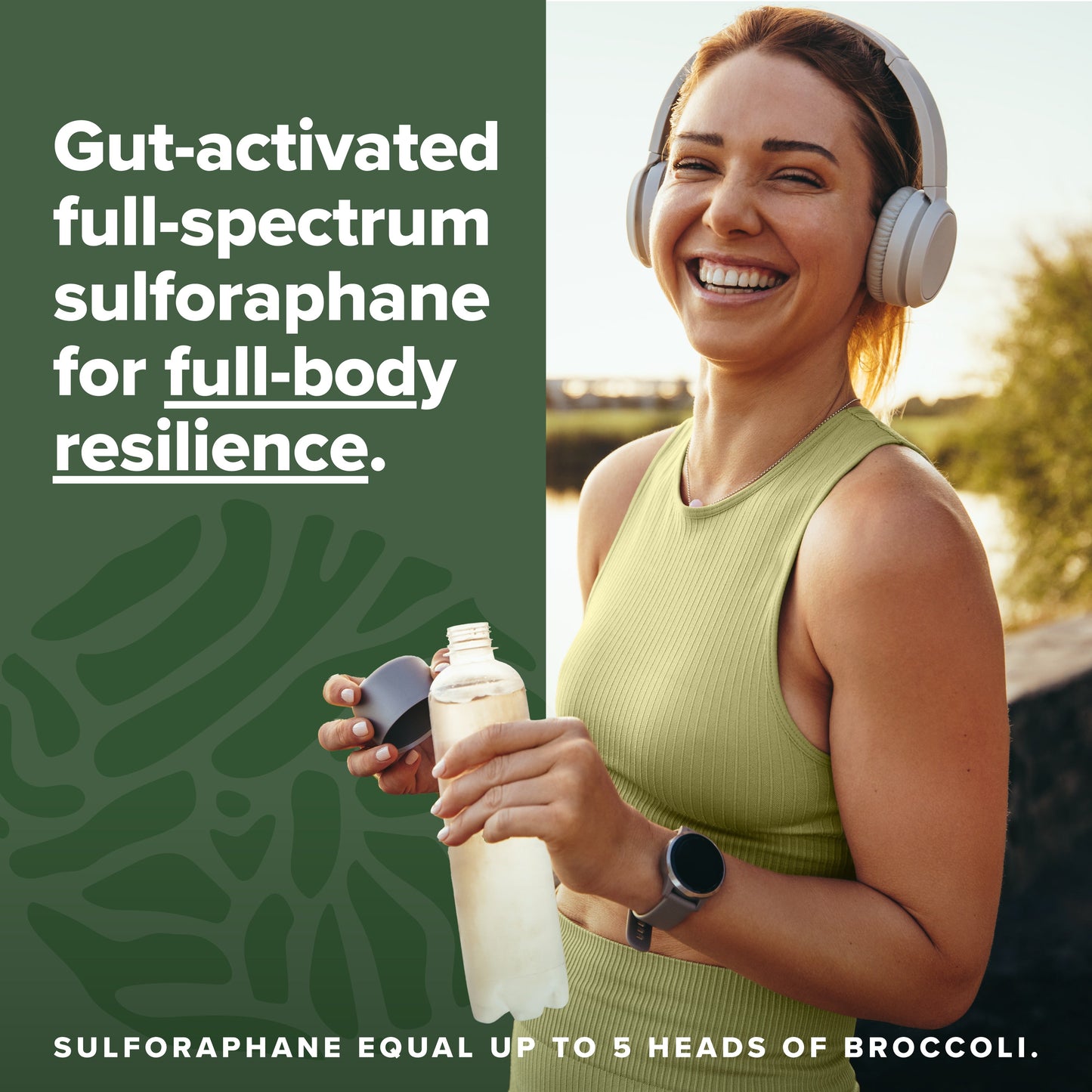 Smiling woman wearing headphones holding a drink, with text promoting gut-activated sulforaphane for full-body resilience from Complement Sulfora.