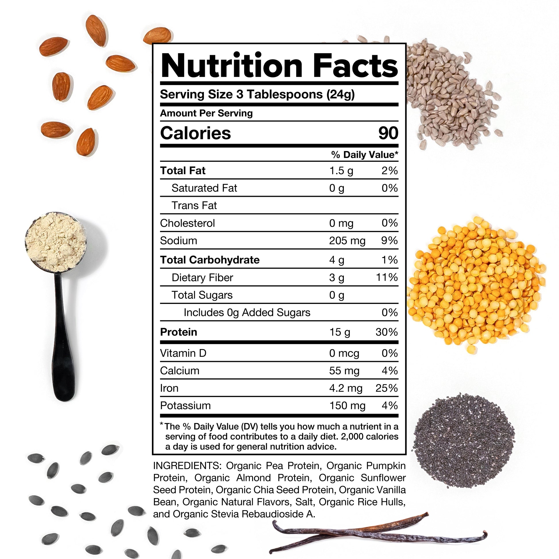 A nutrition facts label for Complement Vanilla Organic Plant-Based Protein, surrounded by almonds, sunflower seeds, chia seeds, lentils, and pumpkin seeds on a white background.