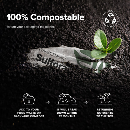 Complement Sulfora compostable pouch breaking down in soil next to a sprouting plant, highlighting its eco-friendly packaging and sustainable breakdown process.
