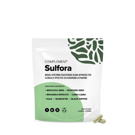 Complement Sulfora supplement pouch with ingredient list including broccoli seed, mustard seed, Brussels sprouts, kale, camu camu, quercetin, and black pepper.